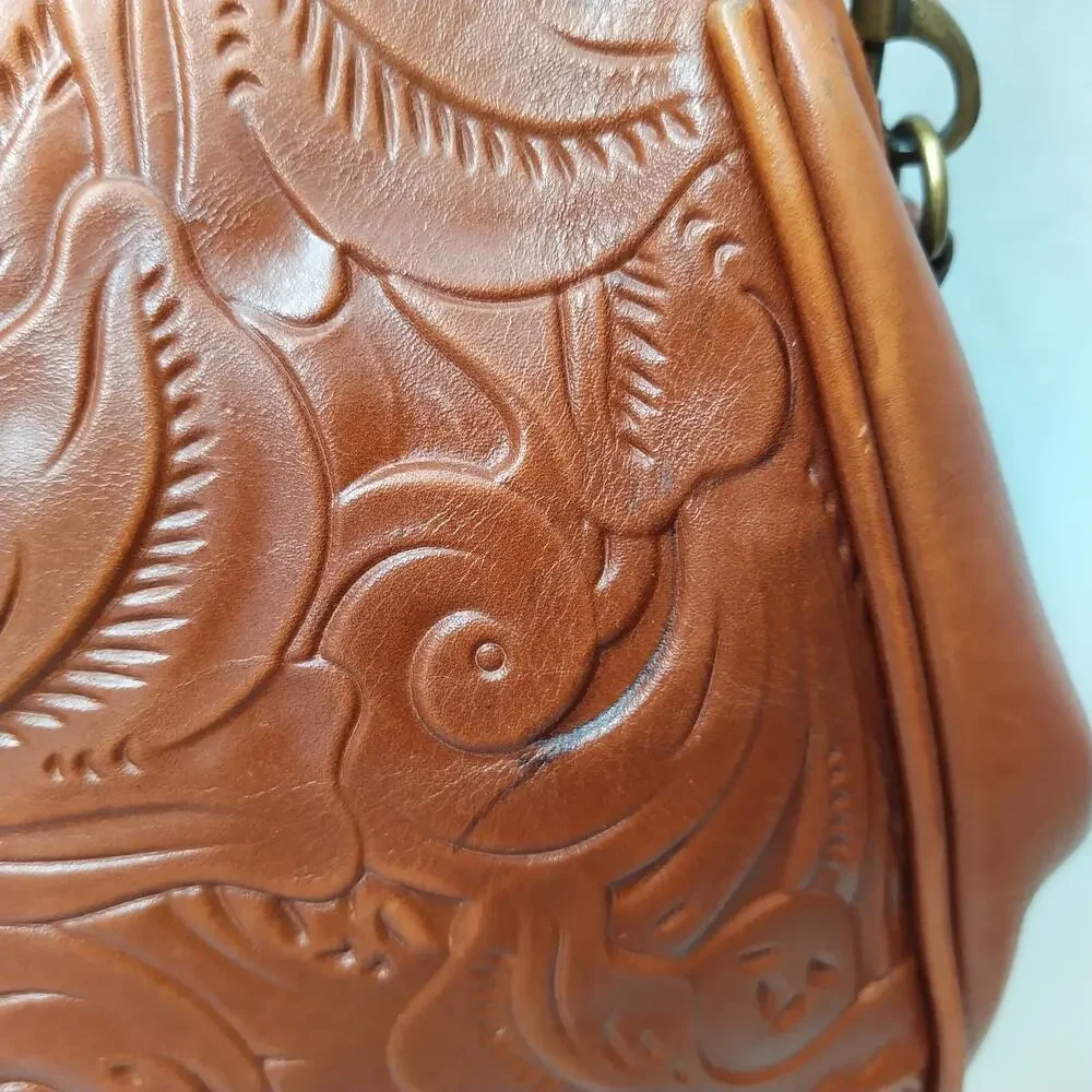 Patricia Nash Brown Leather Floral Pushlock Framed Closure Satchel Crossbody Bag